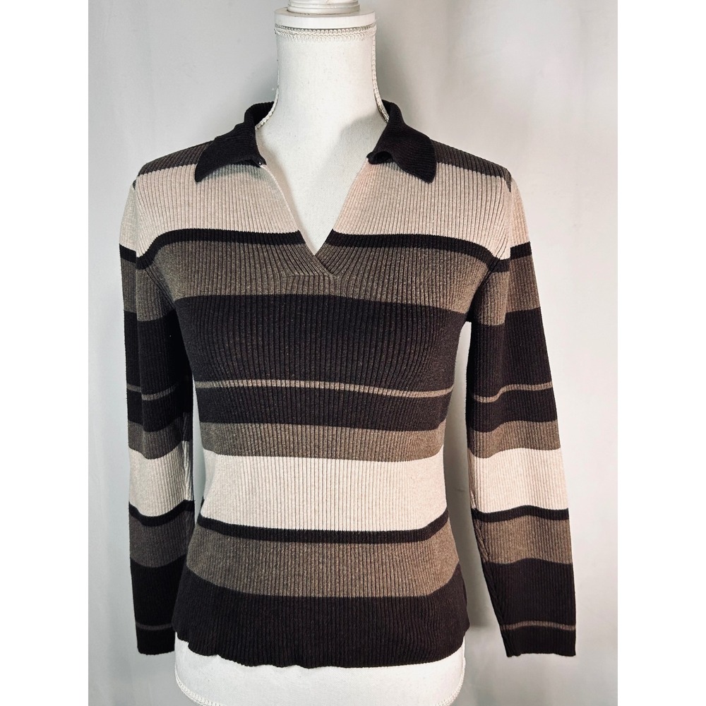 Rafaella Womens Brown Tan Striped V-Neck Polo Collar Ribbed Knit Sweater Size M